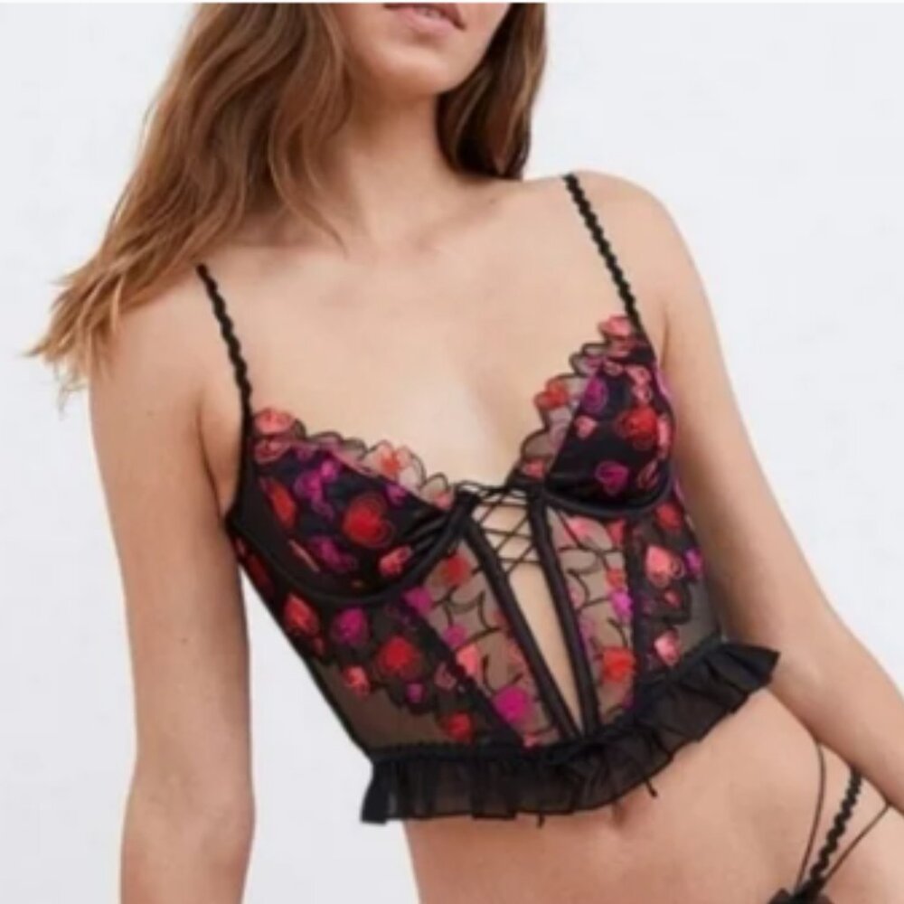 NWT For Love & Lemons Love Potion Bustier Corset Top Black Hearts Small Sexy